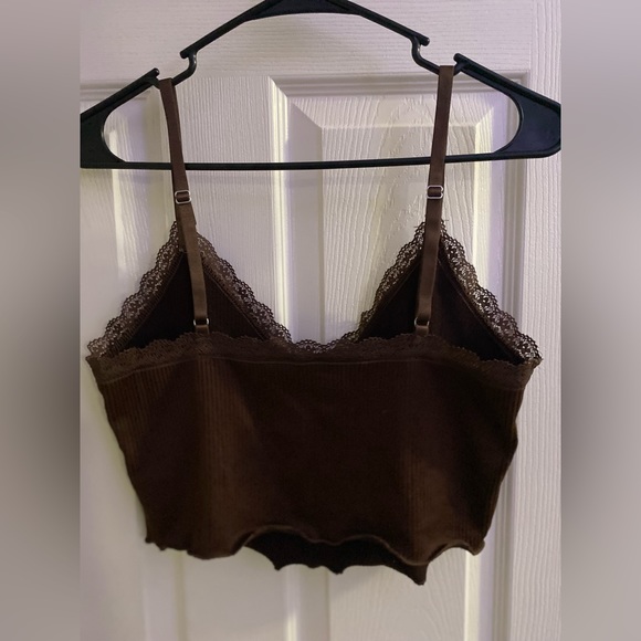 brown ribbed cropped tank top with bralette style lacing - Picture 2 of 3